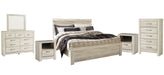 Bellaby Queen Panel Bed with Mirrored Dresser, Chest and 2 Nightstands Huntsville Furniture Outlet