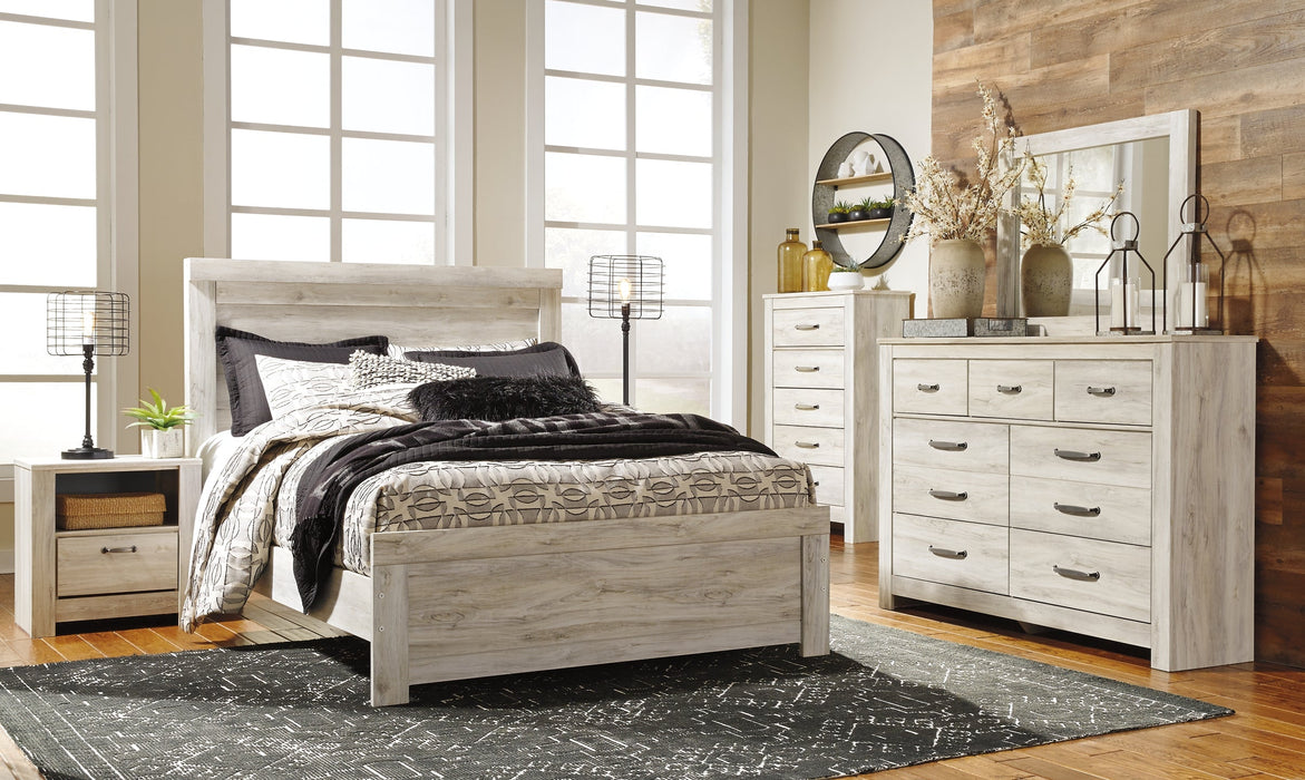 Bellaby Queen Panel Bed with Mirrored Dresser, Chest and 2 Nightstands Huntsville Furniture Outlet