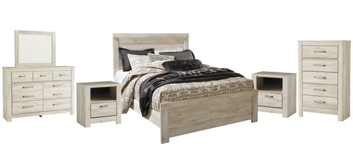 Bellaby Queen Panel Bed with Mirrored Dresser, Chest and 2 Nightstands Huntsville Furniture Outlet