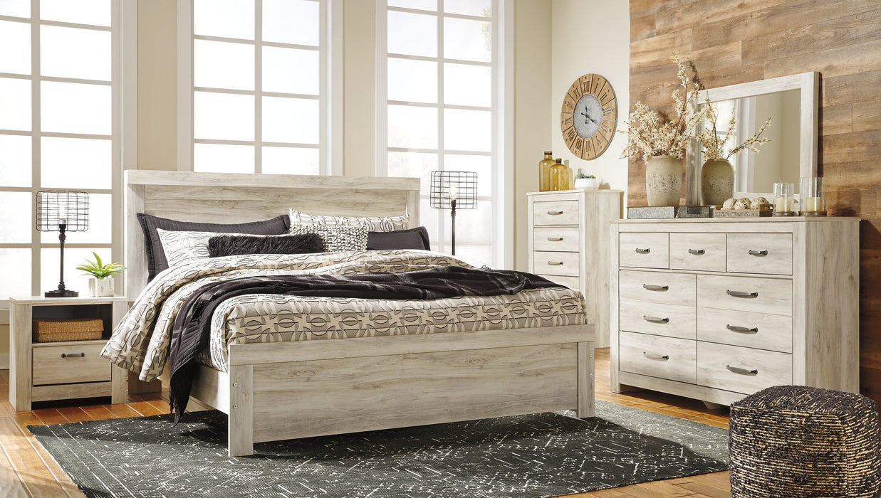 Bellaby Queen Panel Bed with Mirrored Dresser, Chest and Nightstand Huntsville Furniture Outlet