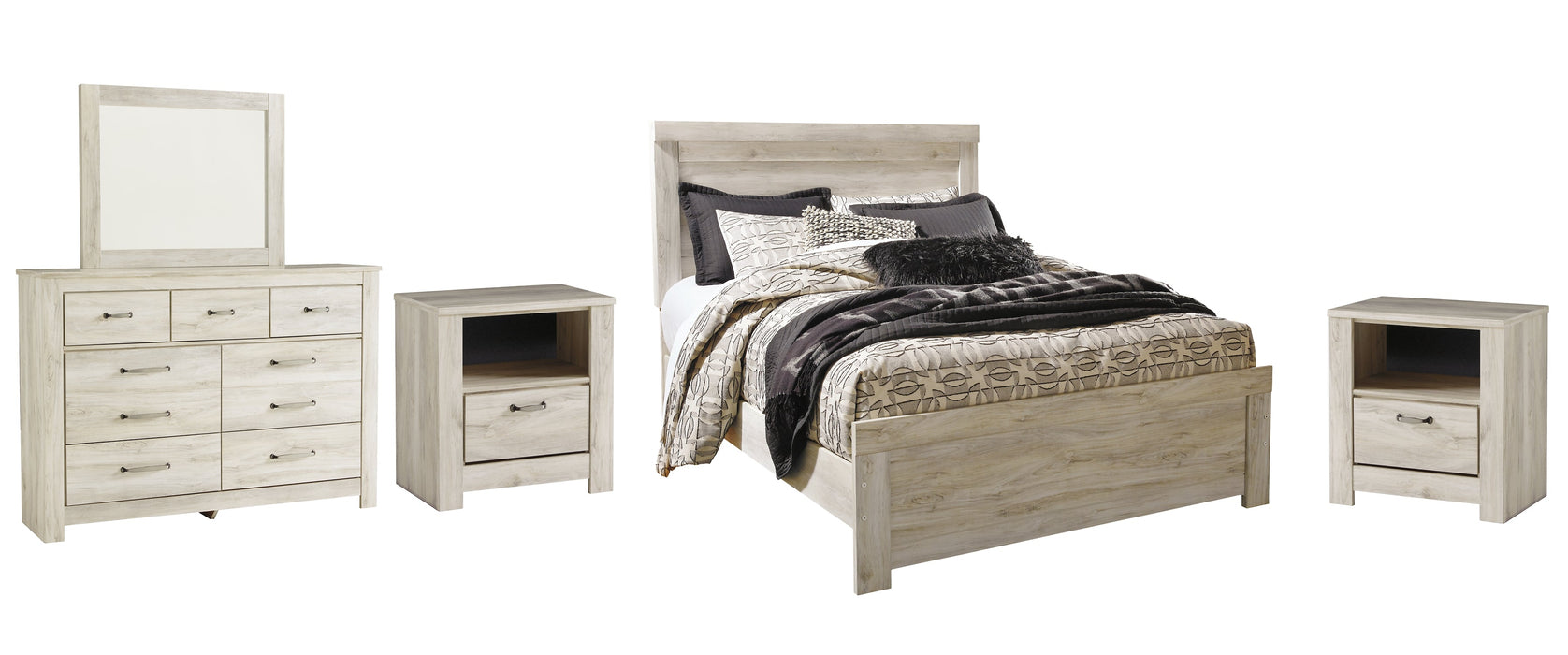 Bellaby Queen Panel Bed with Mirrored Dresser Huntsville Furniture Outlet