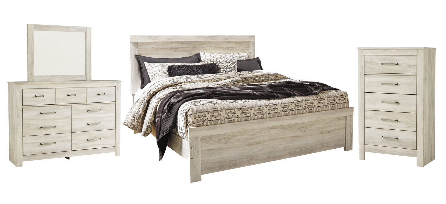 Bellaby Queen Panel Bed with Mirrored Dresser and Chest Huntsville Furniture Outlet