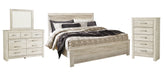 Bellaby Queen Panel Bed with Mirrored Dresser and Chest Huntsville Furniture Outlet