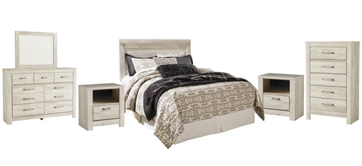 Bellaby Queen Panel Headboard with Mirrored Dresser, Chest and 2 Nightstands Huntsville Furniture Outlet