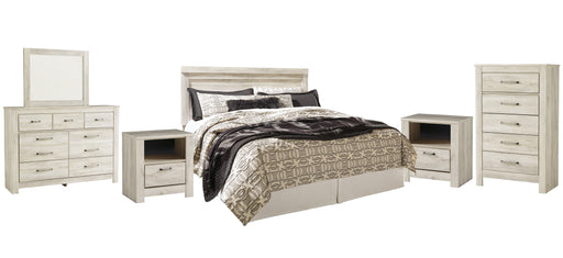 Bellaby Queen Panel Headboard with Mirrored Dresser, Chest and 2 Nightstands Huntsville Furniture Outlet