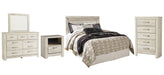 Bellaby Queen Panel Headboard with Mirrored Dresser, Chest and Nightstand Huntsville Furniture Outlet