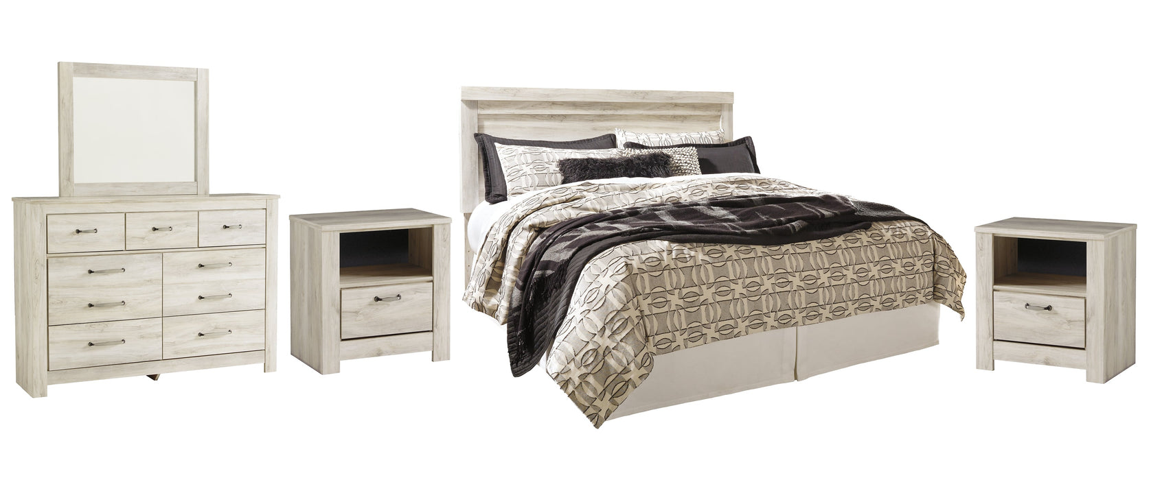 Bellaby Queen Panel Headboard with Mirrored Dresser and 2 Nightstands Huntsville Furniture Outlet