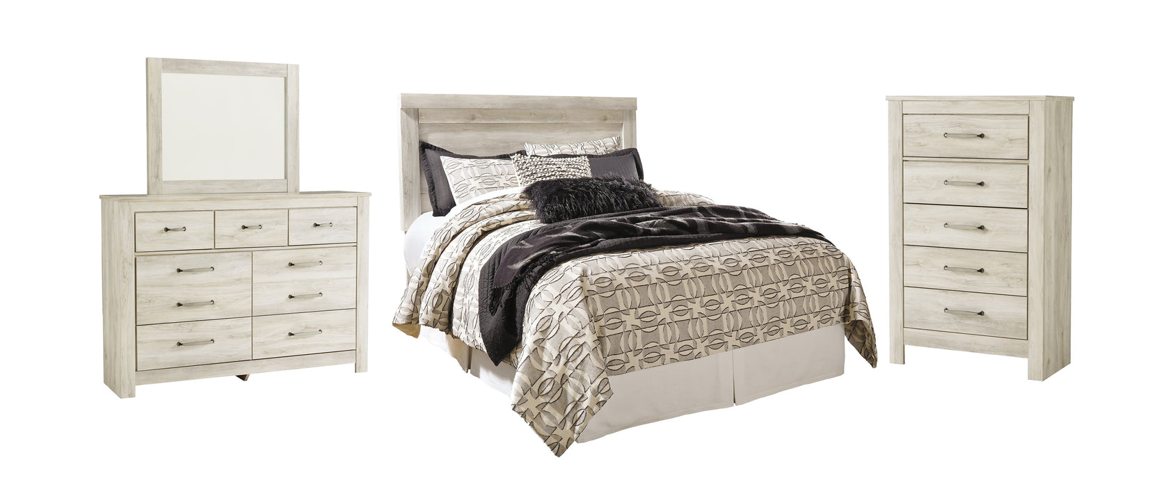 Bellaby Queen Panel Headboard with Mirrored Dresser and Chest Huntsville Furniture Outlet