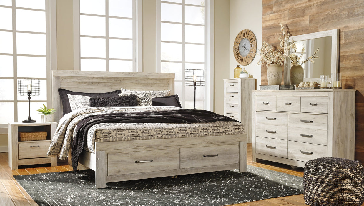 Bellaby Queen Platform Bed with 2 Storage Drawers with Mirrored Dresser, Chest and 2 Nightstands Huntsville Furniture Outlet