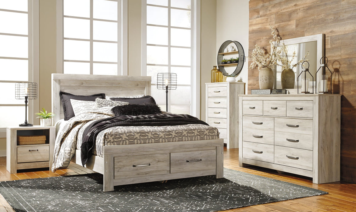 Bellaby Queen Platform Bed with 2 Storage Drawers with Mirrored Dresser, Chest and 2 Nightstands Huntsville Furniture Outlet