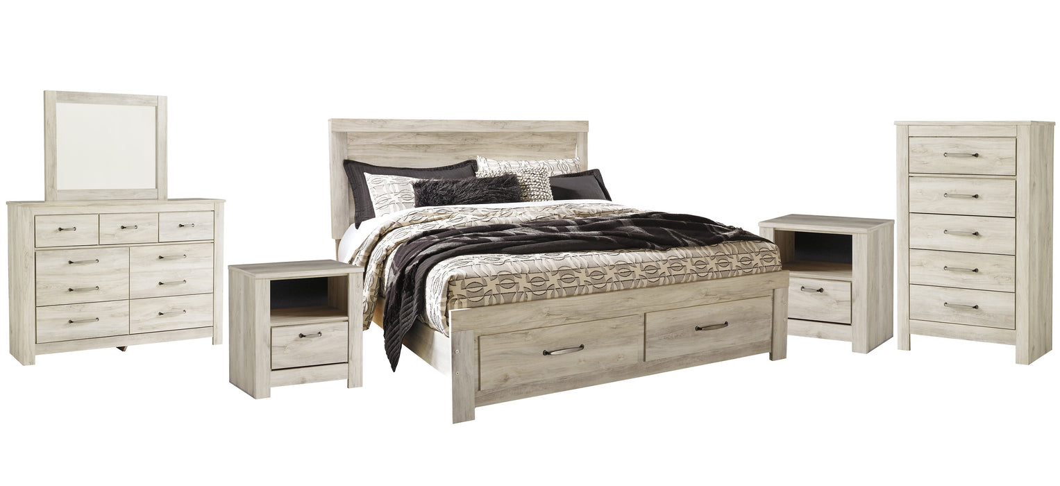 Bellaby Queen Platform Bed with 2 Storage Drawers with Mirrored Dresser, Chest and 2 Nightstands Huntsville Furniture Outlet