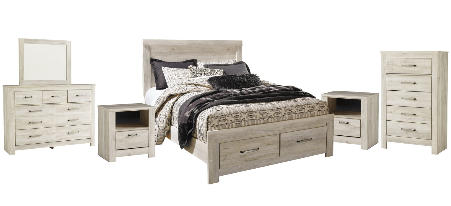 Bellaby Queen Platform Bed with 2 Storage Drawers with Mirrored Dresser, Chest and 2 Nightstands Huntsville Furniture Outlet