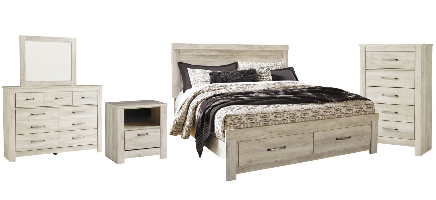 Bellaby Queen Platform Bed with 2 Storage Drawers with Mirrored Dresser, Chest and Nightstand Huntsville Furniture Outlet