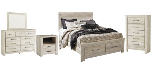 Bellaby Queen Platform Bed with 2 Storage Drawers with Mirrored Dresser, Chest and Nightstand Huntsville Furniture Outlet