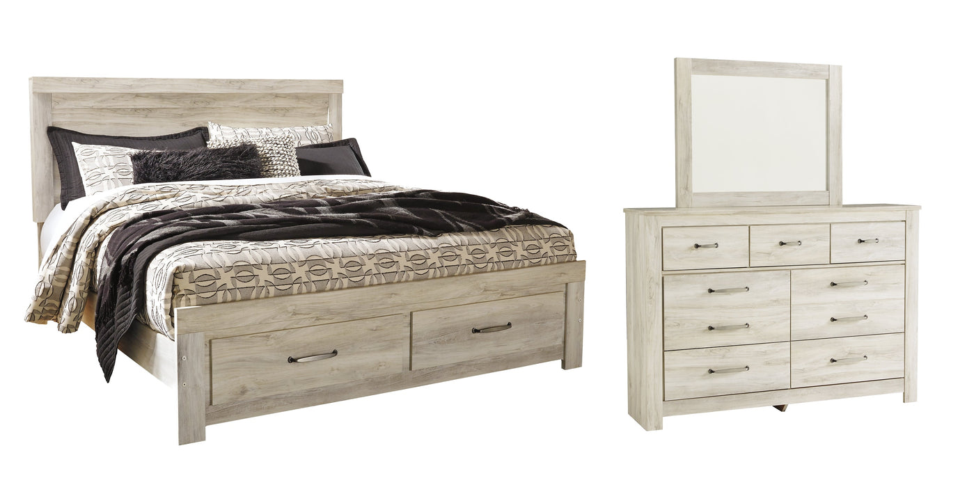 Bellaby Queen Platform Bed with 2 Storage Drawers with Mirrored Dresser Huntsville Furniture Outlet