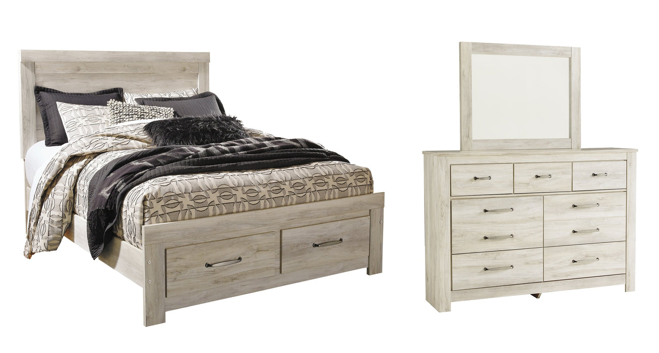 Bellaby Queen Platform Bed with 2 Storage Drawers with Mirrored Dresser Huntsville Furniture Outlet