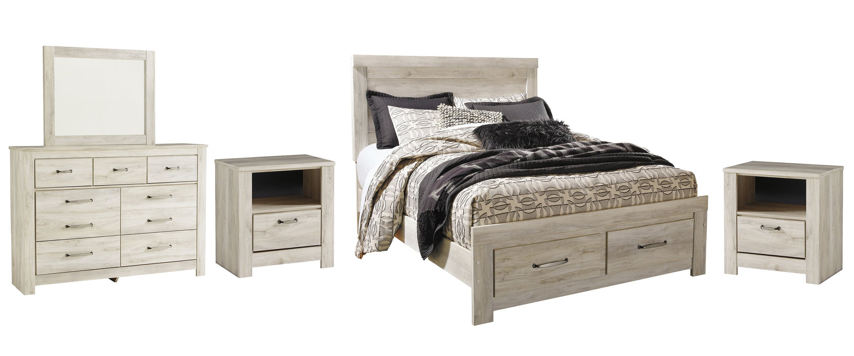 Bellaby Queen Platform Bed with 2 Storage Drawers with Mirrored Dresser and 2 Nightstands Huntsville Furniture Outlet