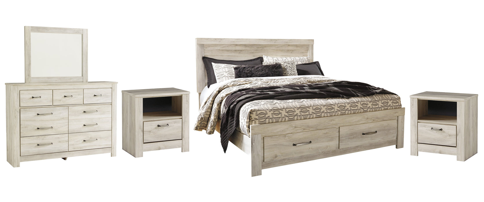 Bellaby Queen Platform Bed with 2 Storage Drawers with Mirrored Dresser and 2 Nightstands Huntsville Furniture Outlet