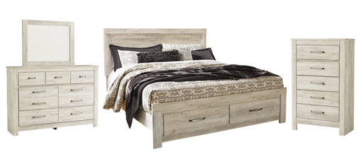 Bellaby Queen Platform Bed with 2 Storage Drawers with Mirrored Dresser and Chest Huntsville Furniture Outlet