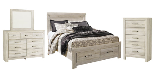 Bellaby Queen Platform Bed with 2 Storage Drawers with Mirrored Dresser and Chest Huntsville Furniture Outlet