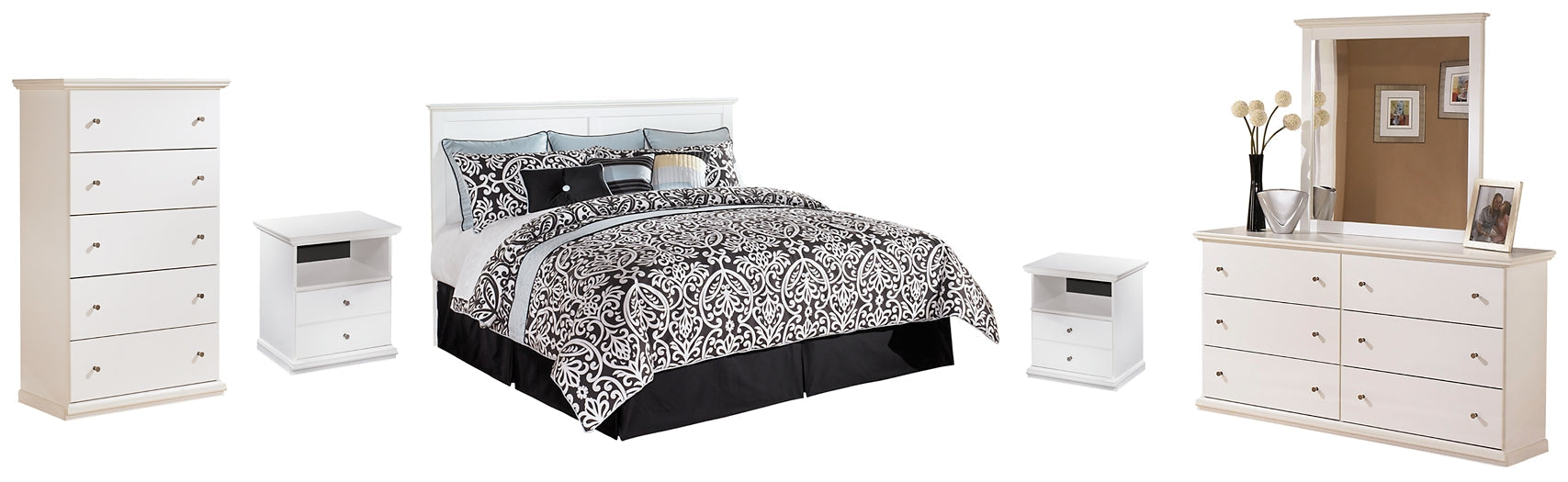 Bostwick Shoals King/California King Panel Headboard with Mirrored Dresser, Chest and 2 Nightstands Huntsville Furniture Outlet