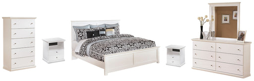 Bostwick Shoals King Panel Bed with Mirrored Dresser, Chest and 2 Nightstands Huntsville Furniture Outlet