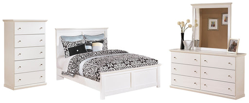 Bostwick Shoals Queen Panel Bed with Mirrored Dresser and Chest Huntsville Furniture Outlet