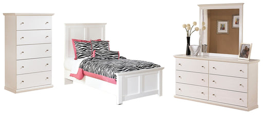 Bostwick Shoals Twin Panel Bed with Mirrored Dresser and Chest Huntsville Furniture Outlet