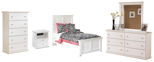 Bostwick Shoals Twin Panel Bed with Mirrored Dresser and Chest Huntsville Furniture Outlet