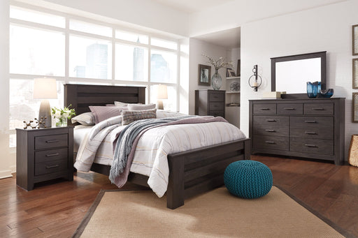 Brinxton King Panel Bed with Mirrored Dresser, Chest and 2 Nightstands Huntsville Furniture Outlet