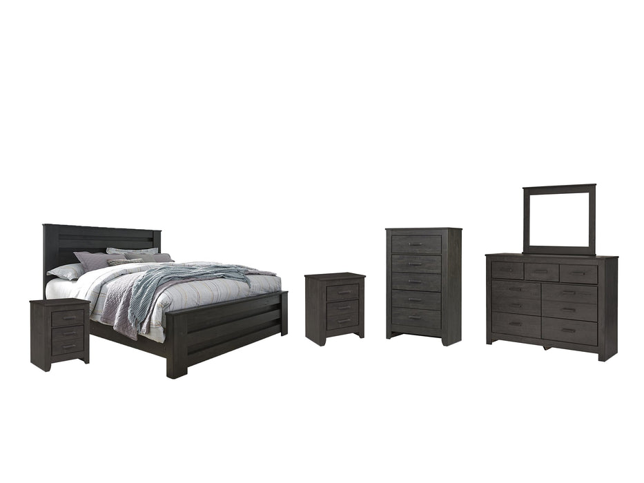 Brinxton King Panel Bed with Mirrored Dresser, Chest and 2 Nightstands Huntsville Furniture Outlet