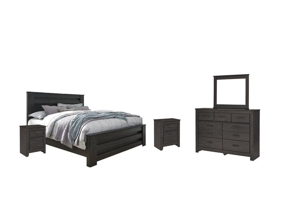 Brinxton King Panel Bed with Mirrored Dresser and 2 Nightstands Huntsville Furniture Outlet