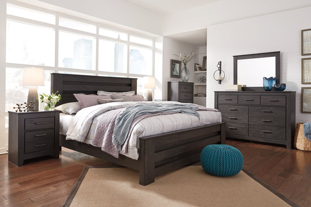 Brinxton King Panel Bed with Mirrored Dresser and 2 Nightstands Huntsville Furniture Outlet