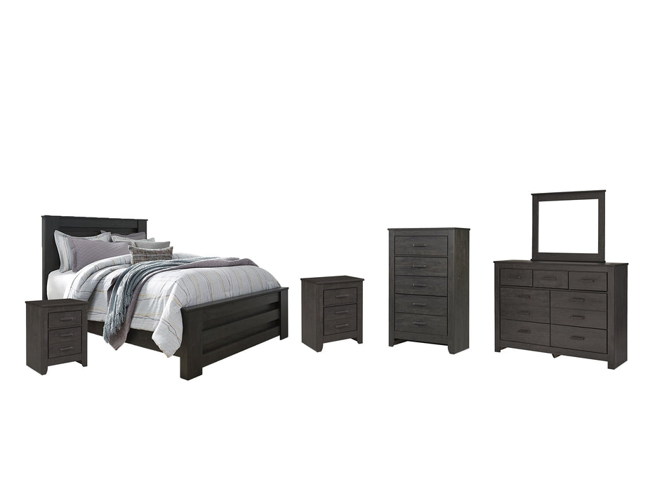 Brinxton Queen Panel Bed with Mirrored Dresser, Chest and 2 Nightstands Huntsville Furniture Outlet