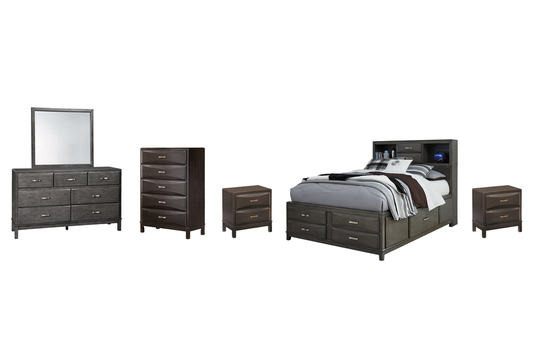 Caitbrook Queen Storage Bed with 8 Storage Drawers with Mirrored Dresser, Chest and 2 Nightstands Huntsville Furniture Outlet