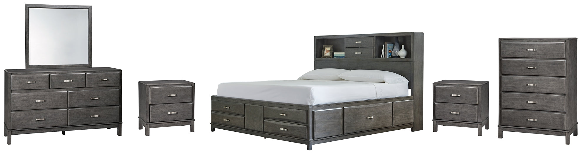 Caitbrook Queen Storage Bed with 8 Storage Drawers with Mirrored Dresser, Chest and 2 Nightstands Huntsville Furniture Outlet