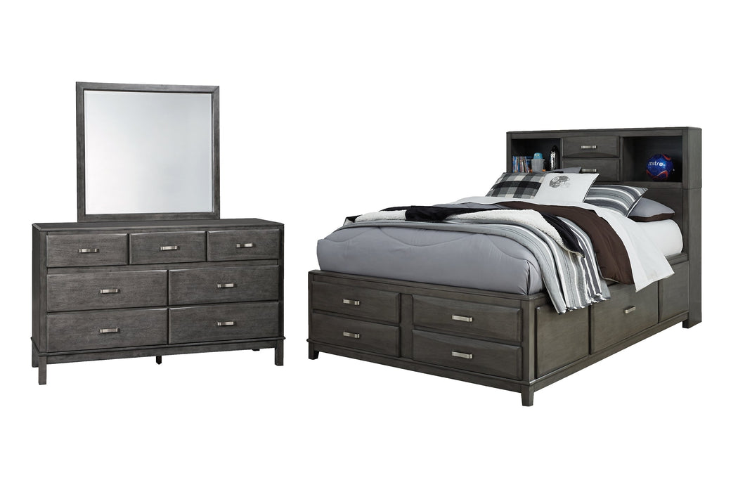 Caitbrook Queen Storage Bed with 8 Storage Drawers with Mirrored Dresser Huntsville Furniture Outlet