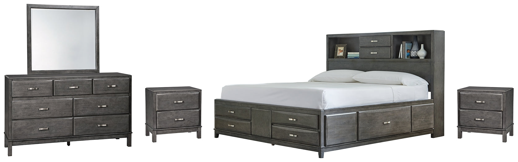 Caitbrook Queen Storage Bed with 8 Storage Drawers with Mirrored Dresser and 2 Nightstands Huntsville Furniture Outlet