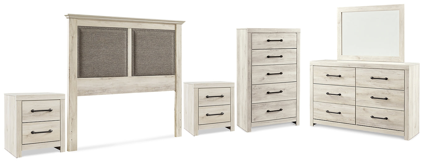 Cambeck King/California King Upholstered Panel Headboard with Mirrored Dresser, Chest and 2 Nightstands Huntsville Furniture Outlet