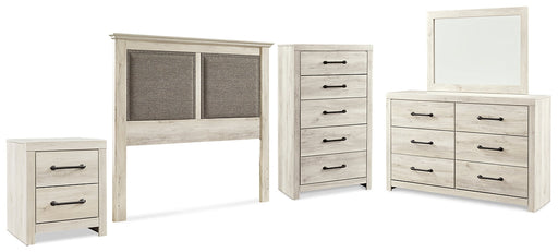 Cambeck King/California King Upholstered Panel Headboard with Mirrored Dresser, Chest and Nightstand Huntsville Furniture Outlet