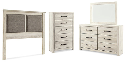 Cambeck King/California King Upholstered Panel Headboard with Mirrored Dresser and Chest Huntsville Furniture Outlet