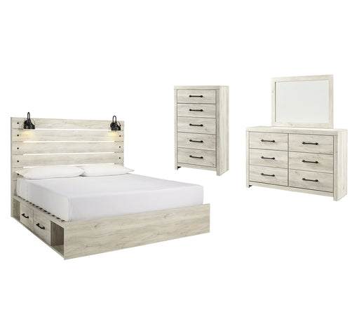 Cambeck King Panel Bed with 2 Storage Drawers with Mirrored Dresser, Chest and Nightstand Huntsville Furniture Outlet