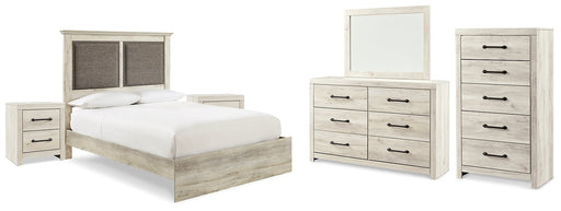 Cambeck King Upholstered Panel Bed with Mirrored Dresser, Chest and 2 Nightstands Huntsville Furniture Outlet