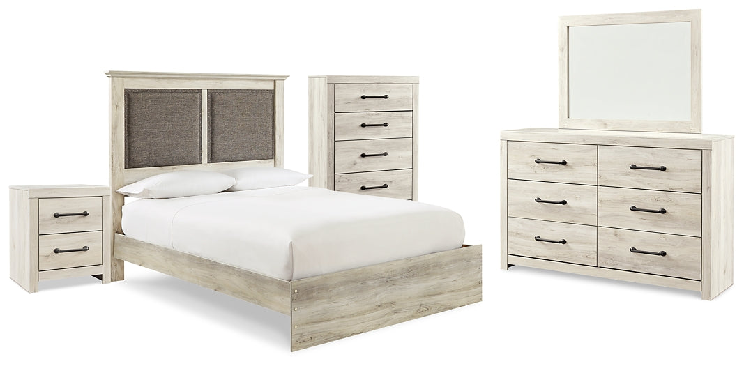 Cambeck King Upholstered Panel Bed with Mirrored Dresser, Chest and Nightstand Huntsville Furniture Outlet