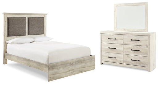 Cambeck King Upholstered Panel Bed with Mirrored Dresser Huntsville Furniture Outlet