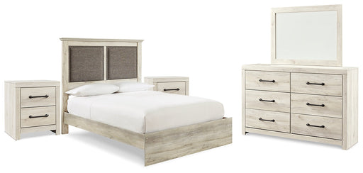 Cambeck King Upholstered Panel Bed with Mirrored Dresser and 2 Nightstands Huntsville Furniture Outlet