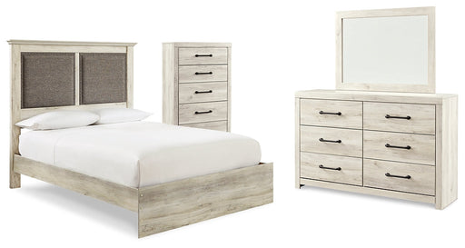 Cambeck King Upholstered Panel Bed with Mirrored Dresser and Chest Huntsville Furniture Outlet