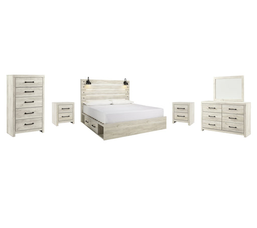 Cambeck Queen Panel Bed with 2 Storage Drawers with Mirrored Dresser, Chest and 2 Nightstands Huntsville Furniture Outlet