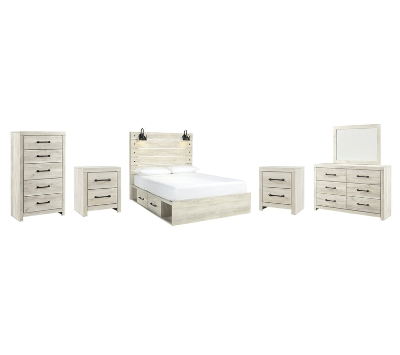 Cambeck Queen Panel Bed with 2 Storage Drawers with Mirrored Dresser, Chest and 2 Nightstands Huntsville Furniture Outlet