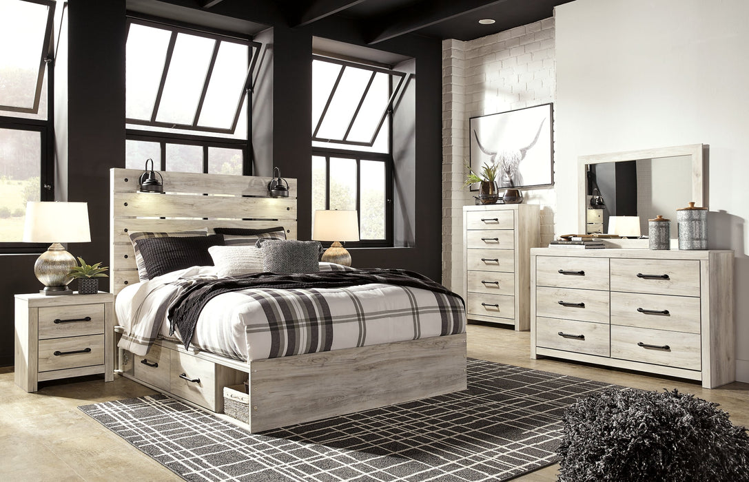 Cambeck Queen Panel Bed with 2 Storage Drawers with Mirrored Dresser, Chest and 2 Nightstands Huntsville Furniture Outlet